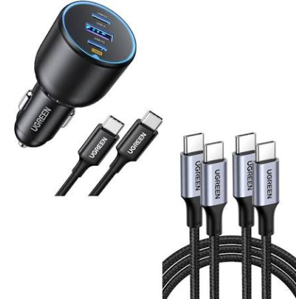 UGREEN 130W Cargador Rápido para Carro de 3 Puertos con Cable USB-C